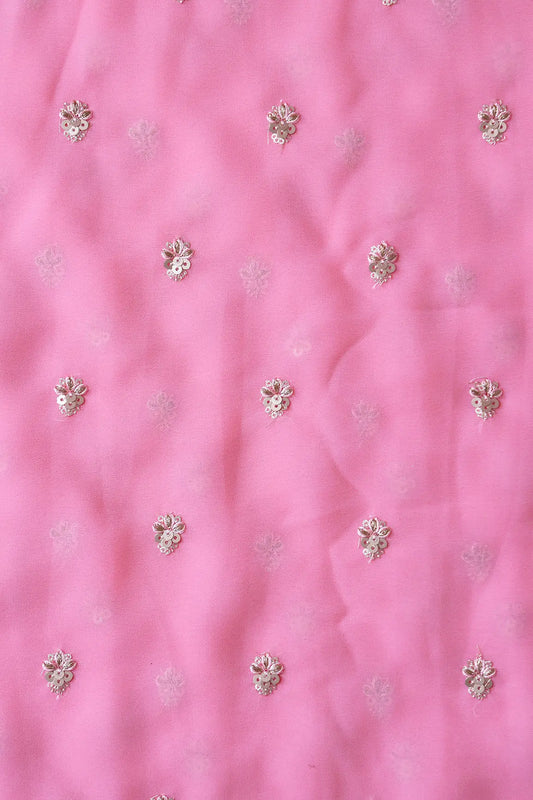 AIzaSyBcstauz-XMPRhEY21AUzeo032pxrXB5Ug - Gold Sequins With Zari Small Floral Booti Embroidery On Pink Georgette Fabric