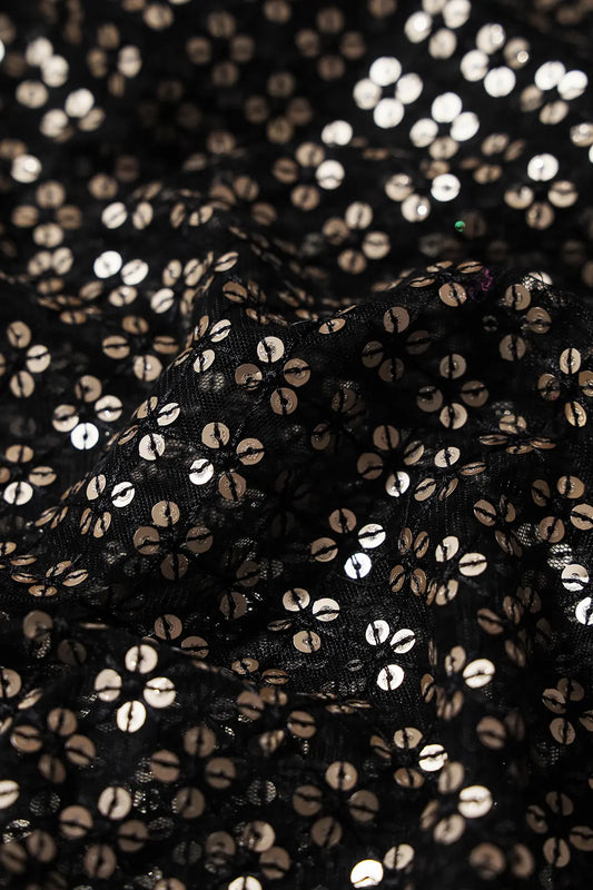 AIzaSyBcstauz-XMPRhEY21AUzeo032pxrXB5Ug - Black Thread With Gold Sequins Small Checks Embroidery On Black Soft Net Fabric