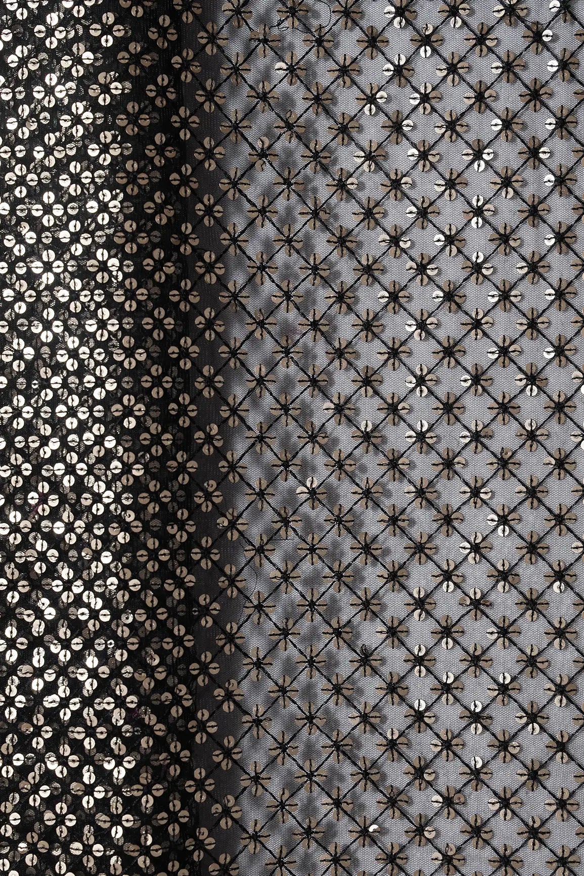 AIzaSyBcstauz-XMPRhEY21AUzeo032pxrXB5Ug - Black Thread With Gold Sequins Small Checks Embroidery On Black Soft Net Fabric