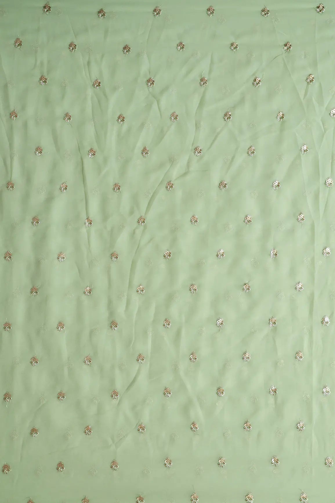 AIzaSyBcstauz-XMPRhEY21AUzeo032pxrXB5Ug - Gold Sequins With Zari Small Floral Booti Embroidery On Olive Georgette Fabric