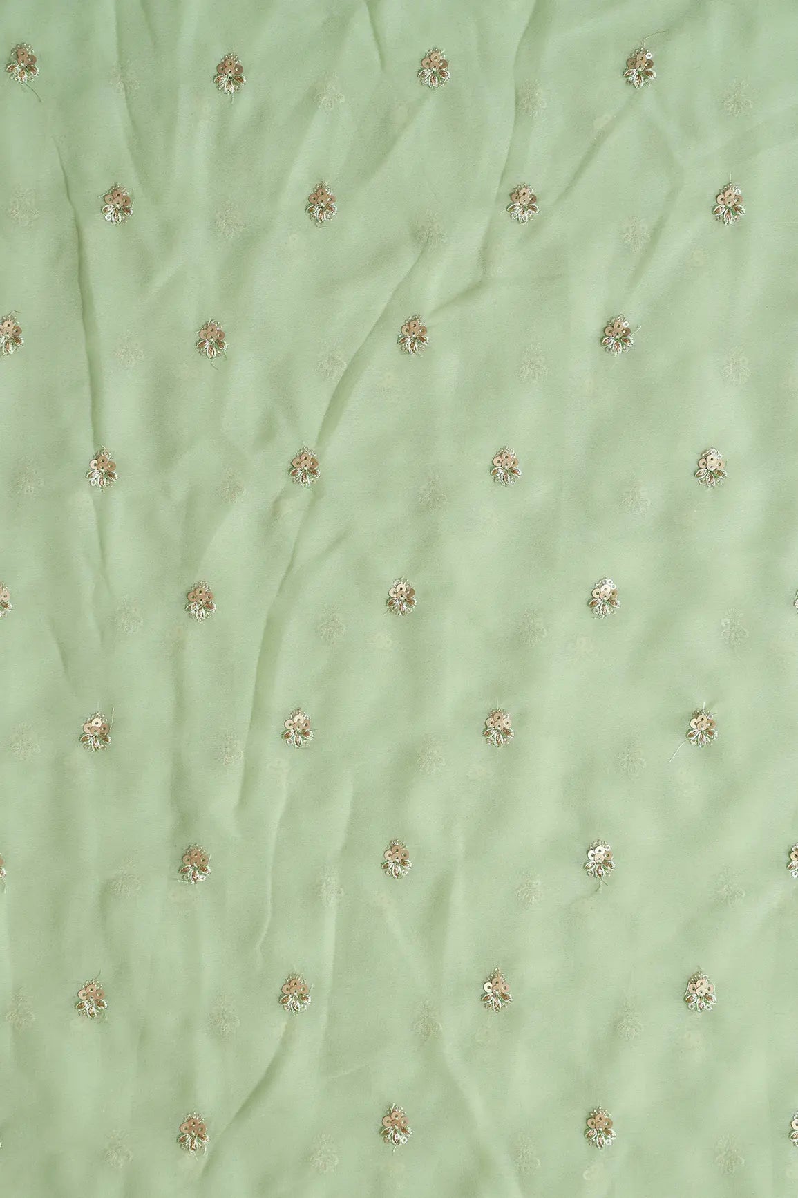 AIzaSyBcstauz-XMPRhEY21AUzeo032pxrXB5Ug - Gold Sequins With Zari Small Floral Booti Embroidery On Olive Georgette Fabric