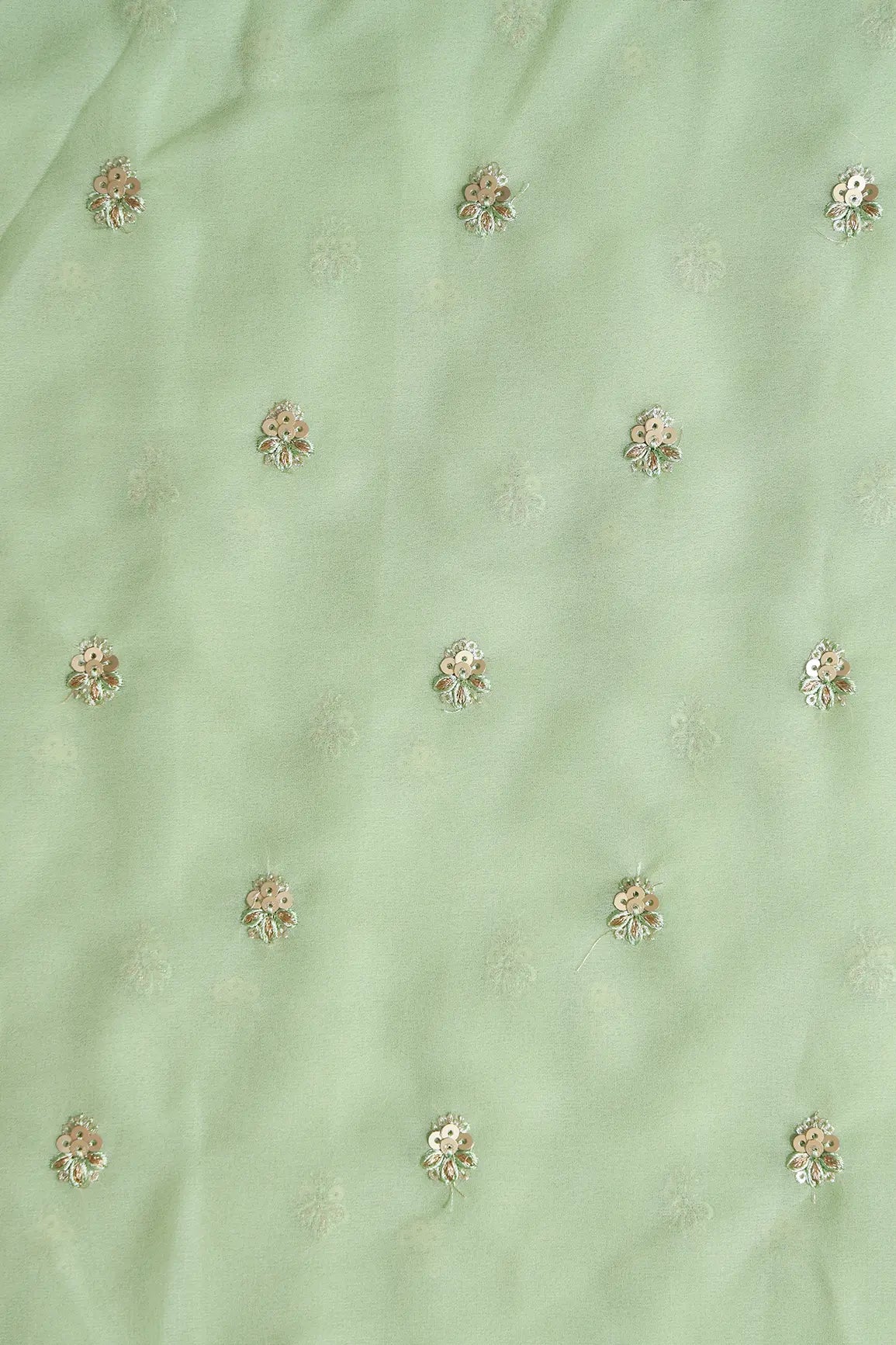 AIzaSyBcstauz-XMPRhEY21AUzeo032pxrXB5Ug - Gold Sequins With Zari Small Floral Booti Embroidery On Olive Georgette Fabric