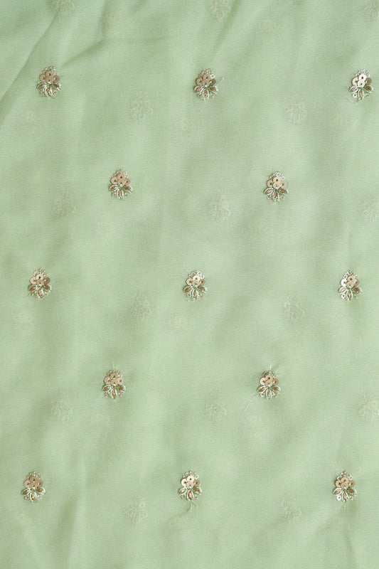 AIzaSyBcstauz-XMPRhEY21AUzeo032pxrXB5Ug - Gold Sequins With Zari Small Floral Booti Embroidery On Olive Georgette Fabric