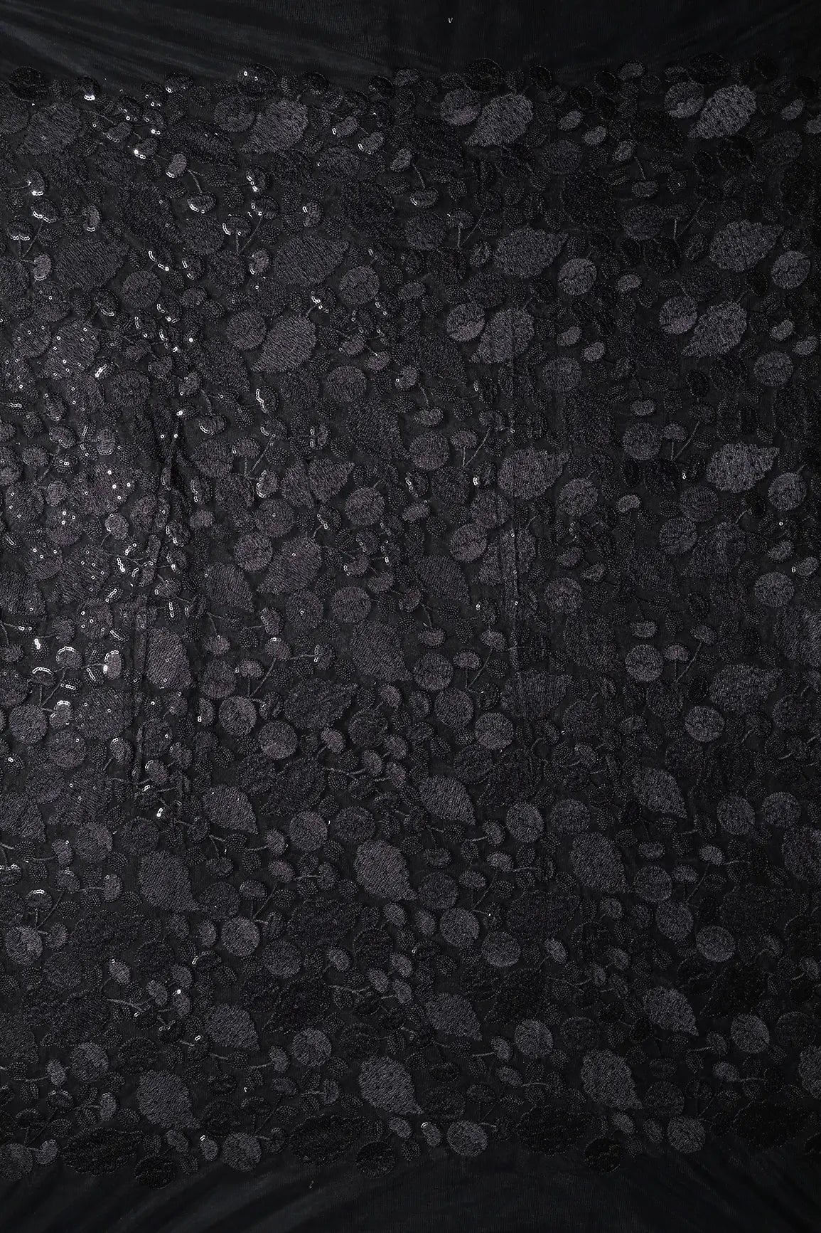 AIzaSyBcstauz-XMPRhEY21AUzeo032pxrXB5Ug - Black Thread With Water Sequins Beautiful Leafy Heavy Embroidery On Black Soft Net Fabric