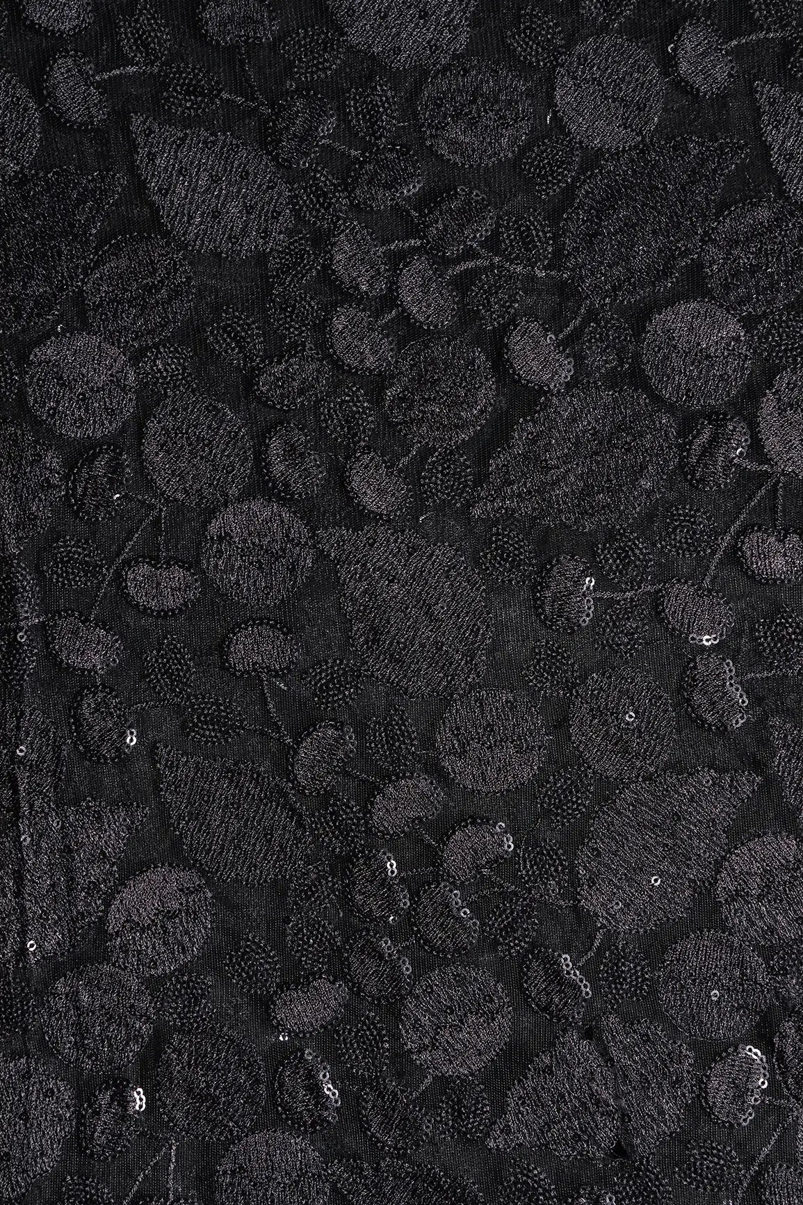 AIzaSyBcstauz-XMPRhEY21AUzeo032pxrXB5Ug - Black Thread With Water Sequins Beautiful Leafy Heavy Embroidery On Black Soft Net Fabric