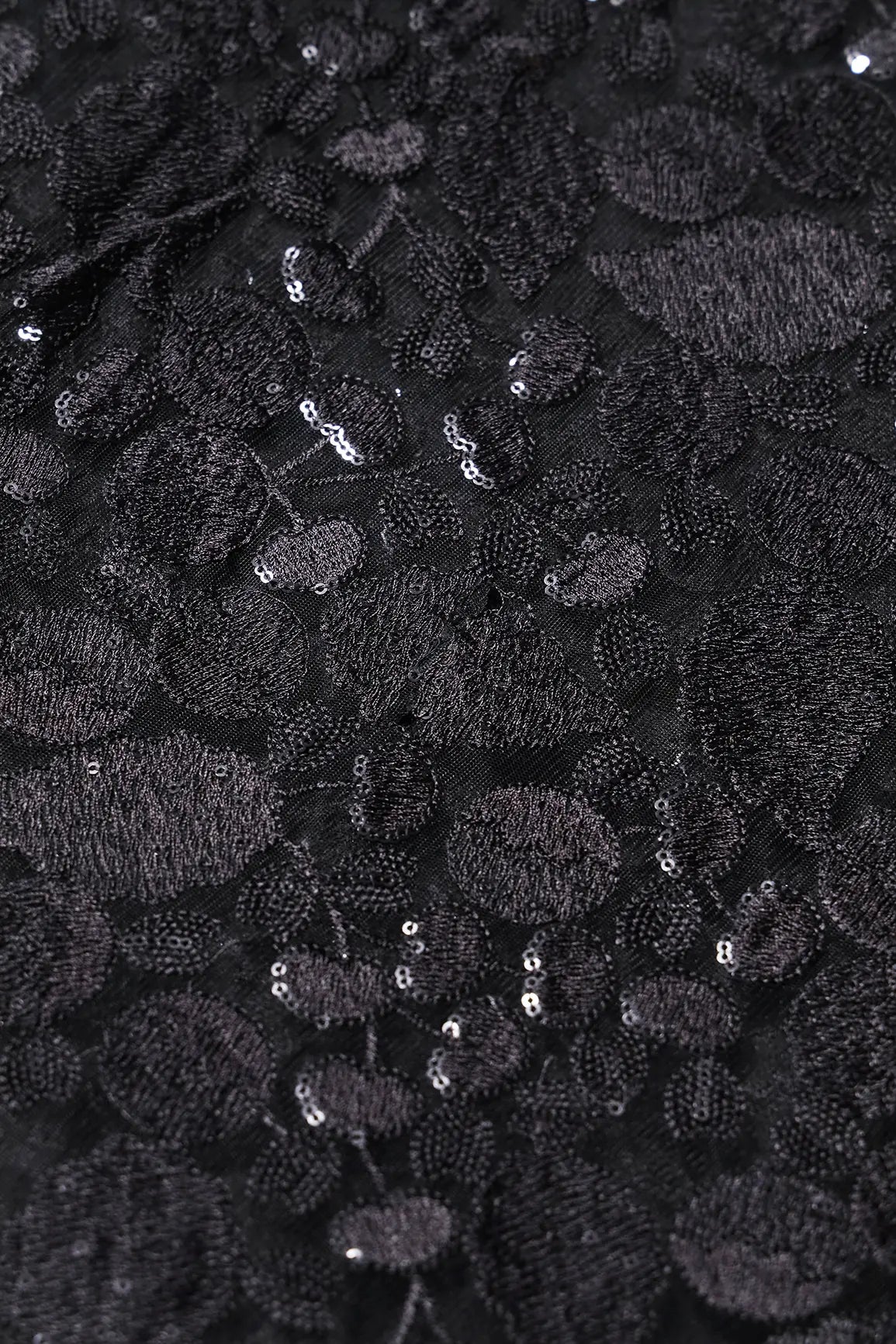 AIzaSyBcstauz-XMPRhEY21AUzeo032pxrXB5Ug - Black Thread With Water Sequins Beautiful Leafy Heavy Embroidery On Black Soft Net Fabric
