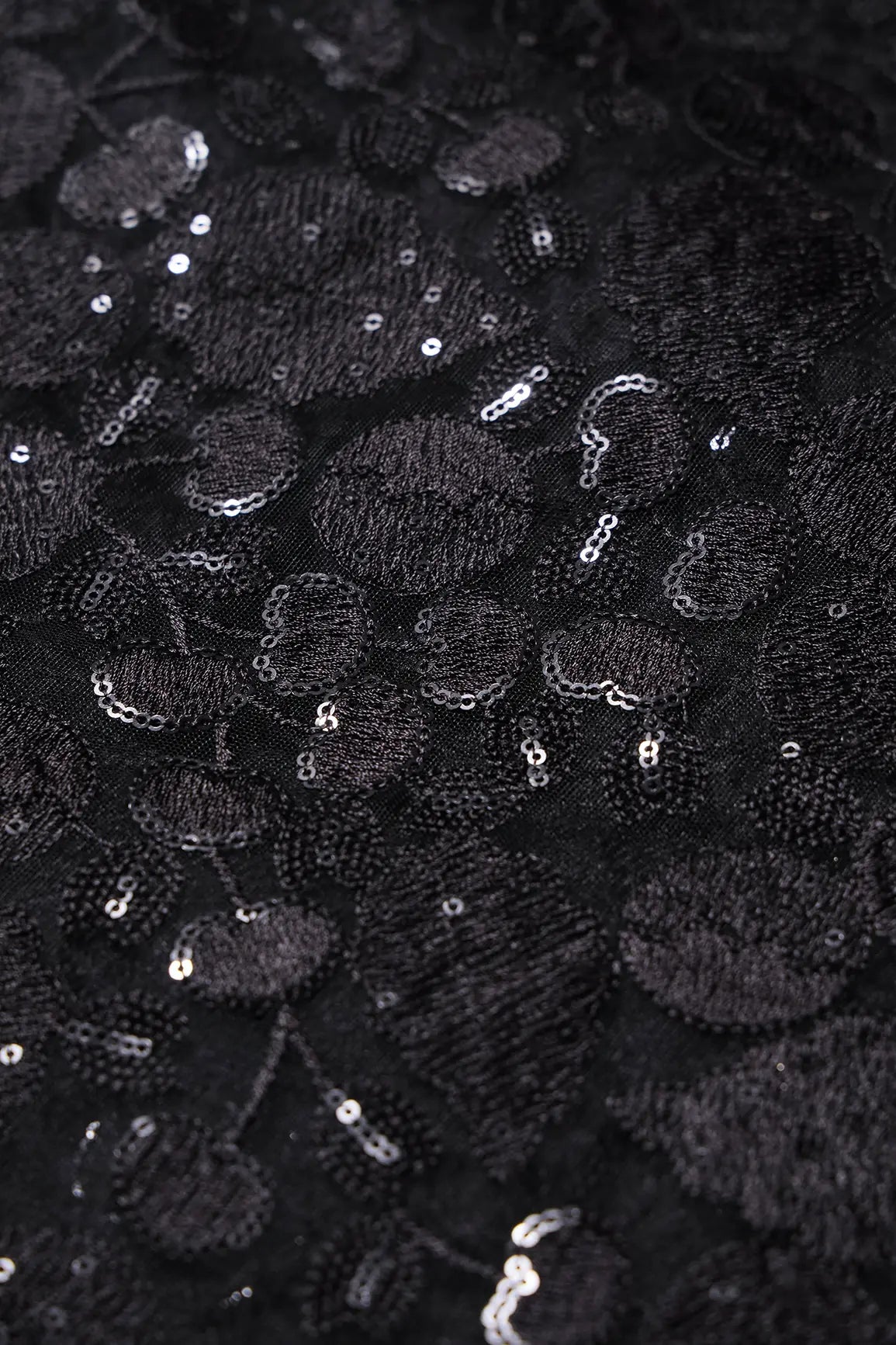 AIzaSyBcstauz-XMPRhEY21AUzeo032pxrXB5Ug - Black Thread With Water Sequins Beautiful Leafy Heavy Embroidery On Black Soft Net Fabric