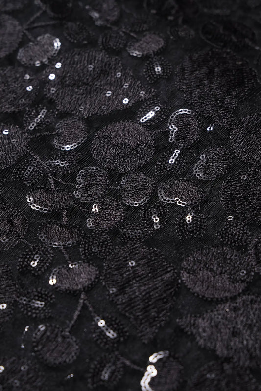 AIzaSyBcstauz-XMPRhEY21AUzeo032pxrXB5Ug - Black Thread With Water Sequins Beautiful Leafy Heavy Embroidery On Black Soft Net Fabric