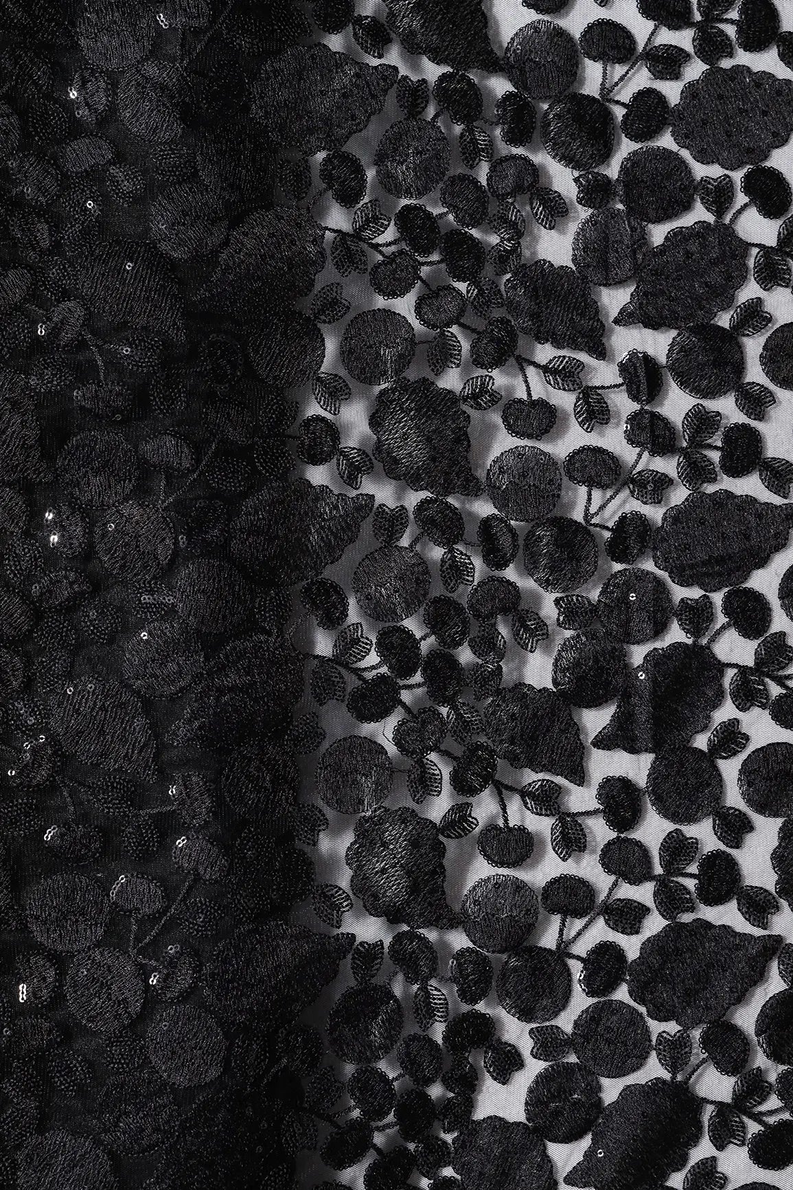 AIzaSyBcstauz-XMPRhEY21AUzeo032pxrXB5Ug - Black Thread With Water Sequins Beautiful Leafy Heavy Embroidery On Black Soft Net Fabric