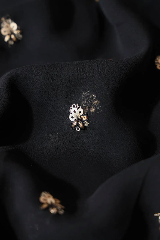 AIzaSyBcstauz-XMPRhEY21AUzeo032pxrXB5Ug - Gold Sequins With Zari Small Floral Booti Embroidery On Black Georgette Fabric