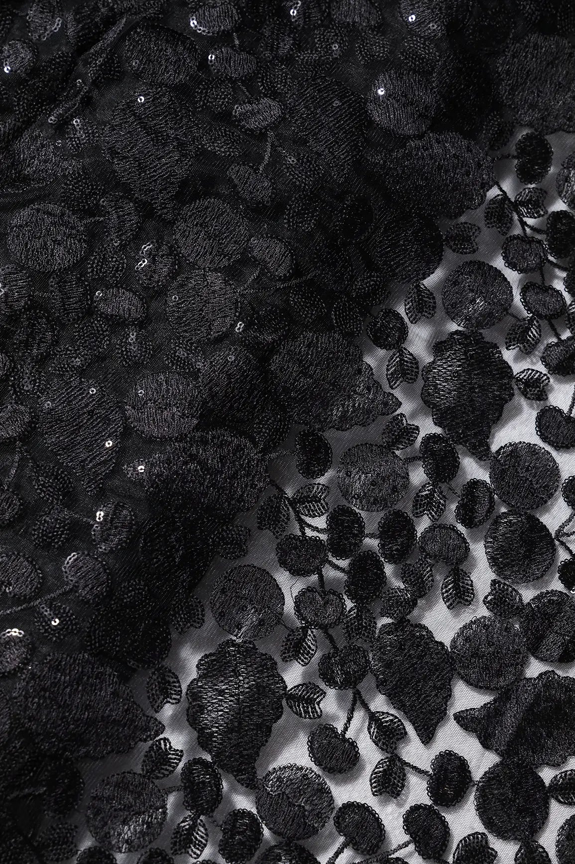 AIzaSyBcstauz-XMPRhEY21AUzeo032pxrXB5Ug - Black Thread With Water Sequins Beautiful Leafy Heavy Embroidery On Black Soft Net Fabric
