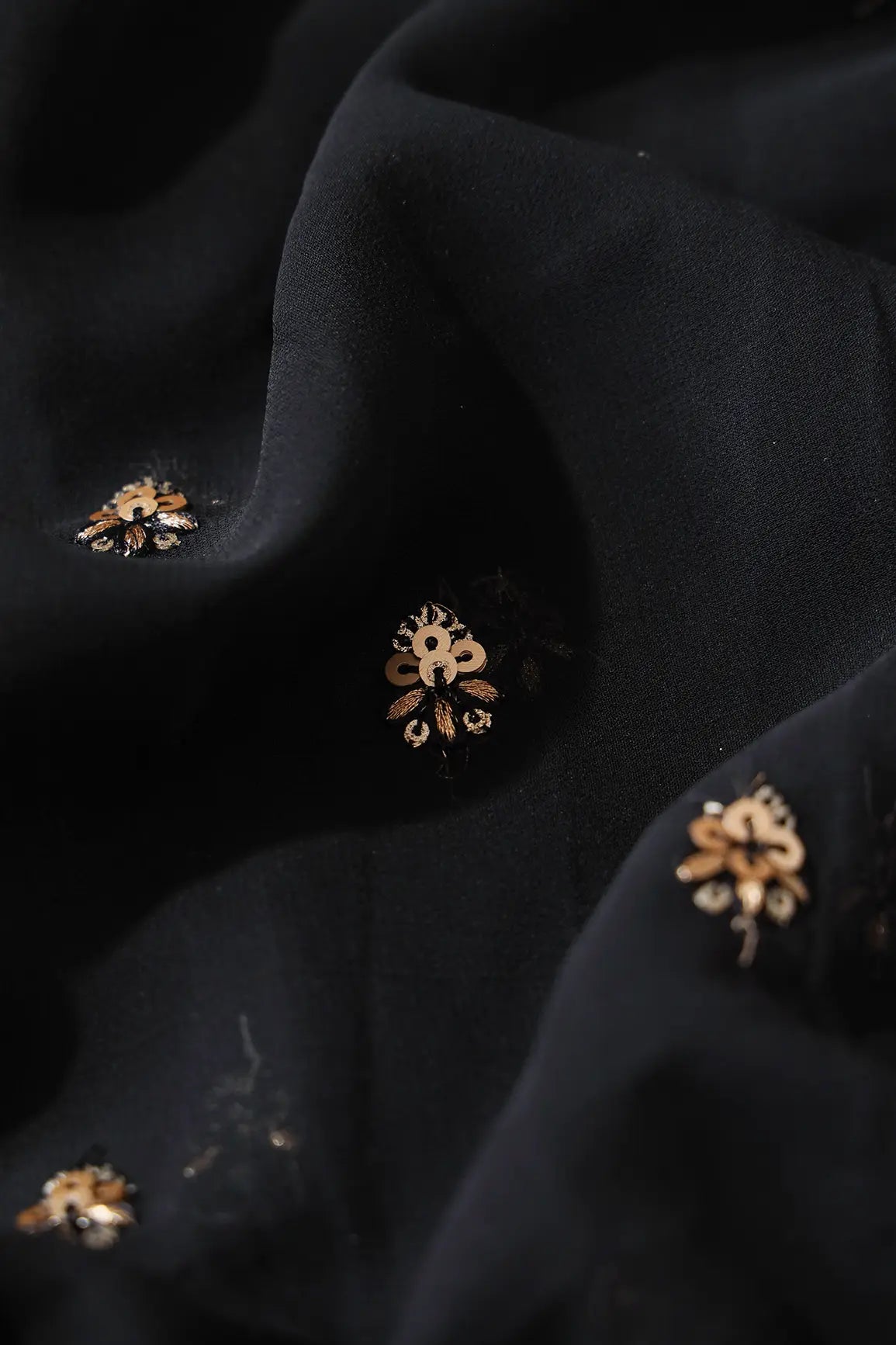 AIzaSyBcstauz-XMPRhEY21AUzeo032pxrXB5Ug - Gold Sequins With Zari Small Floral Booti Embroidery On Black Georgette Fabric