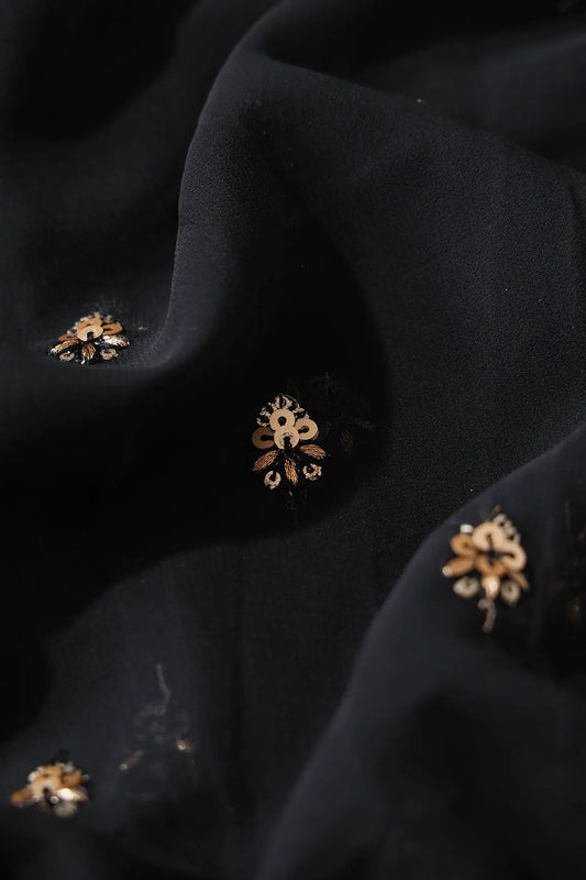 AIzaSyBcstauz-XMPRhEY21AUzeo032pxrXB5Ug - Gold Sequins With Zari Small Floral Booti Embroidery On Black Georgette Fabric