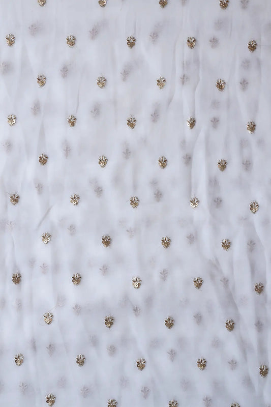 AIzaSyBcstauz-XMPRhEY21AUzeo032pxrXB5Ug - Gold Sequins With Zari Small Floral Booti Embroidery On White Georgette Fabric