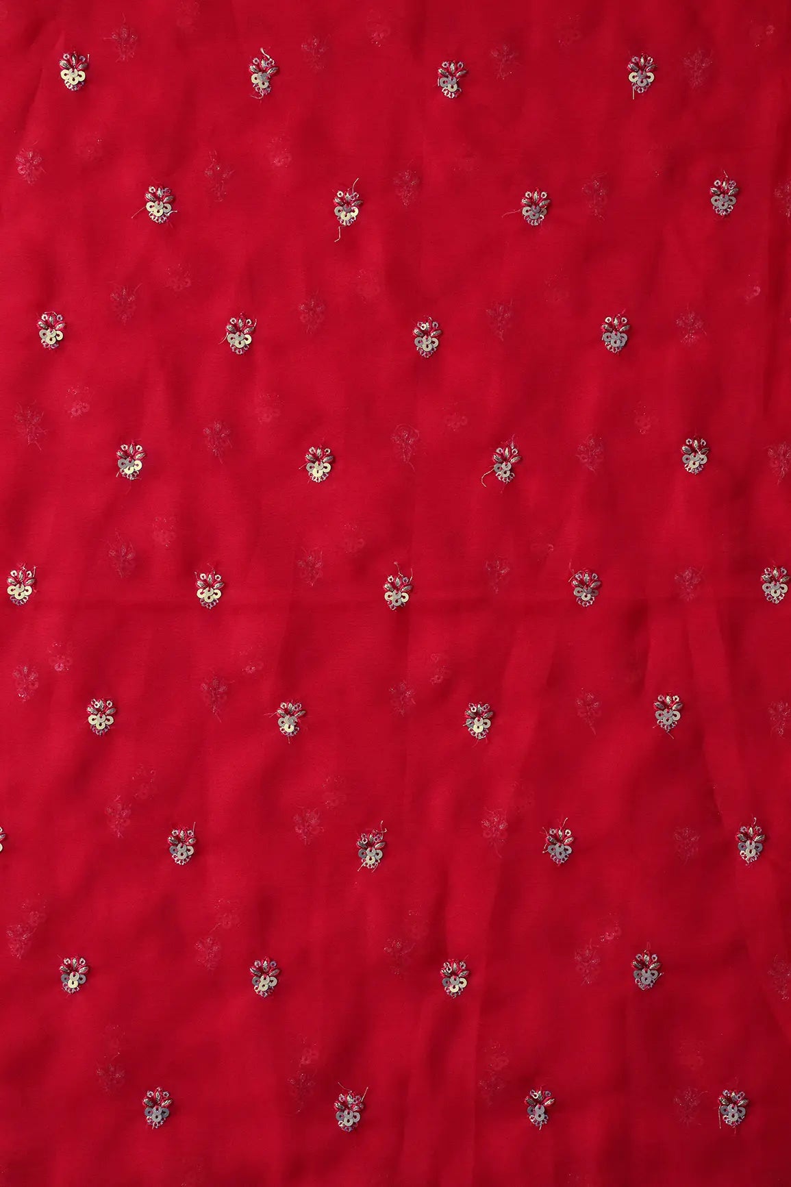 AIzaSyBcstauz-XMPRhEY21AUzeo032pxrXB5Ug - Gold Sequins With Zari Small Floral Booti Embroidery On Red Georgette Fabric