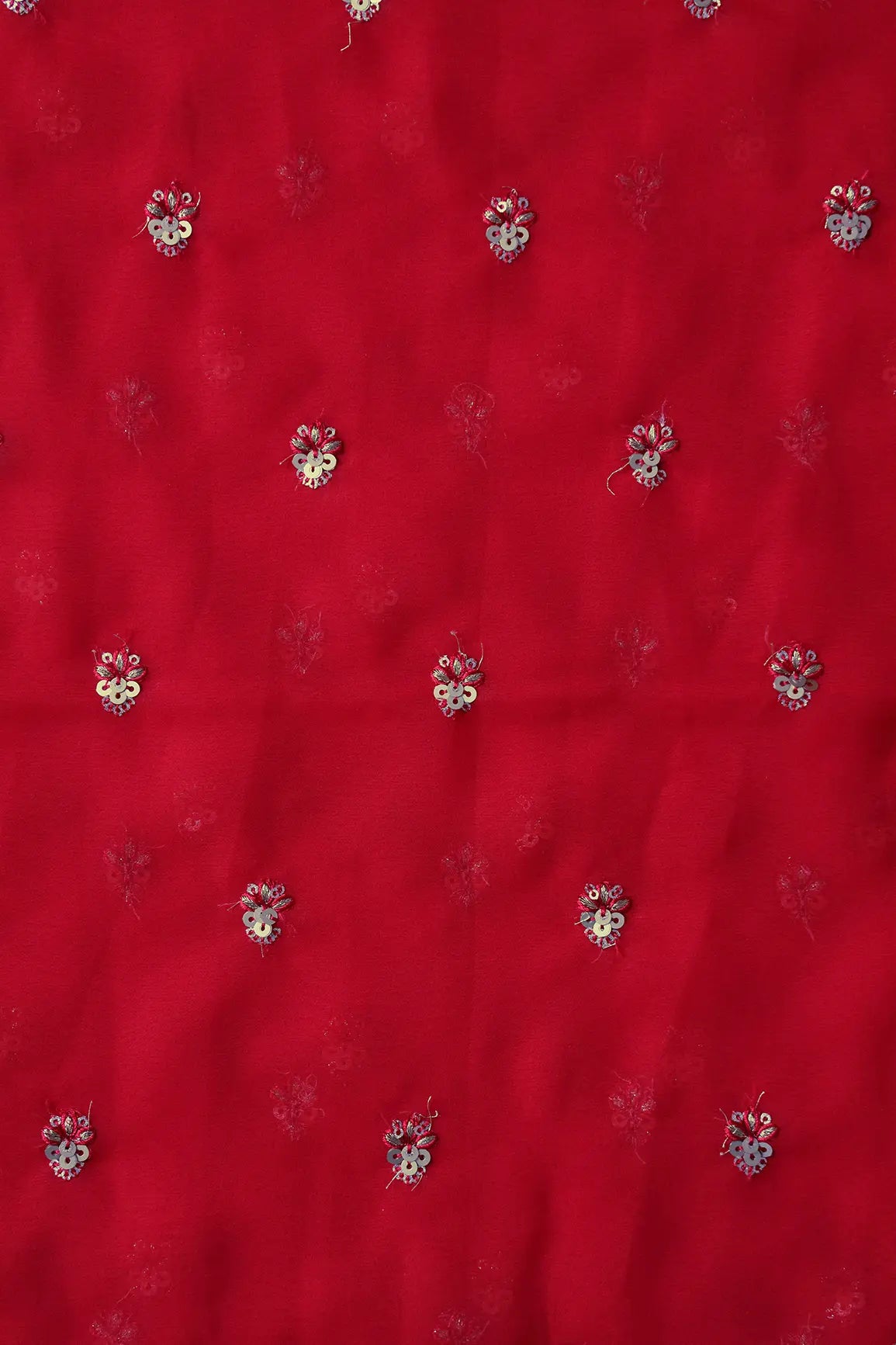 AIzaSyBcstauz-XMPRhEY21AUzeo032pxrXB5Ug - Gold Sequins With Zari Small Floral Booti Embroidery On Red Georgette Fabric