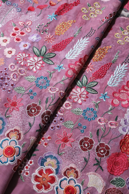 Multi Color Thread With Sequins Floral Embroidery On Thulian Pink Viscose Georgette Fabric