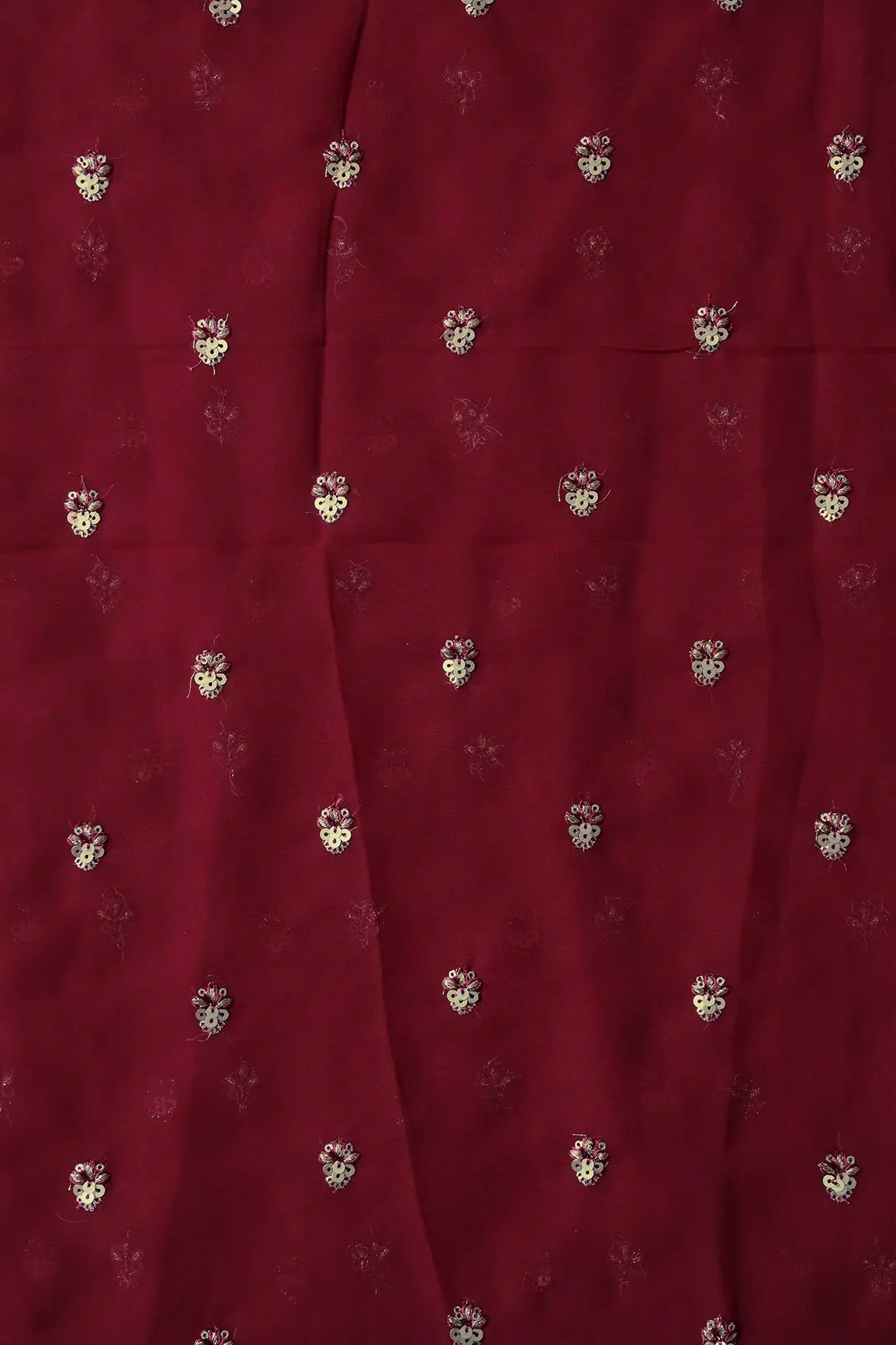 AIzaSyBcstauz-XMPRhEY21AUzeo032pxrXB5Ug - Gold Sequins With Zari Small Floral Booti Embroidery On Maroon Georgette Fabric