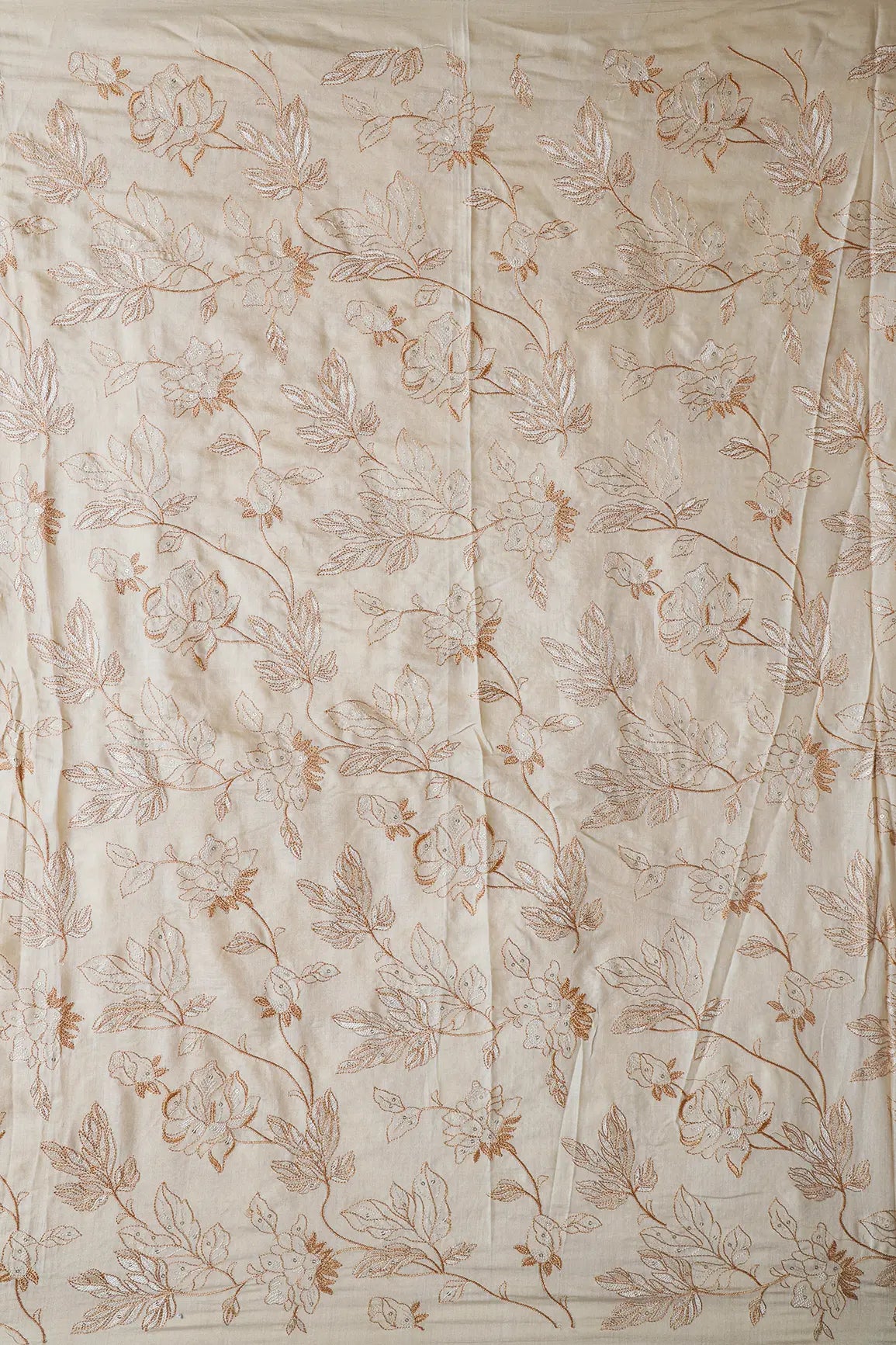 AIzaSyBcstauz-XMPRhEY21AUzeo032pxrXB5Ug - Beige Thread With Gold Sequins Leafy Embroidery On Cream Pure Bamboo Silk Fabric