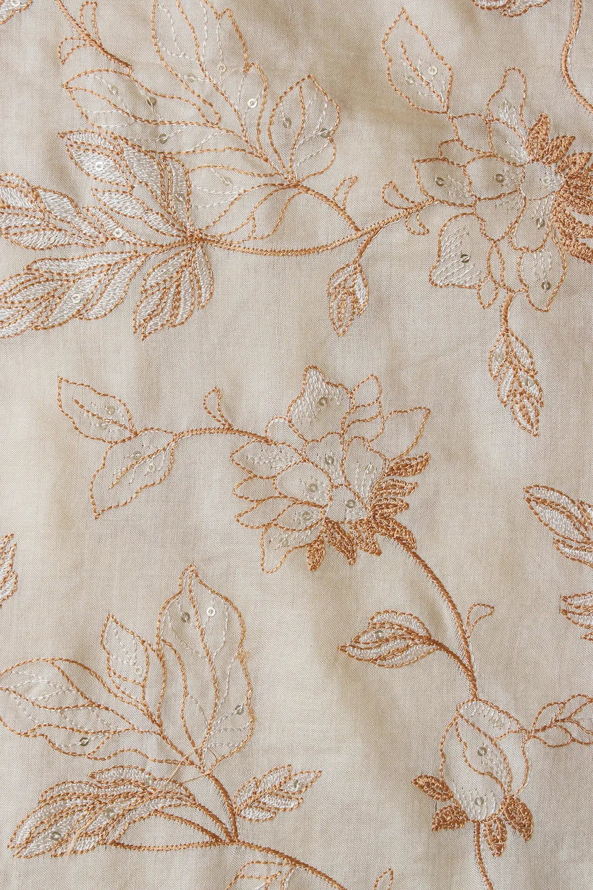 AIzaSyBcstauz-XMPRhEY21AUzeo032pxrXB5Ug - Beige Thread With Gold Sequins Leafy Embroidery On Cream Pure Bamboo Silk Fabric
