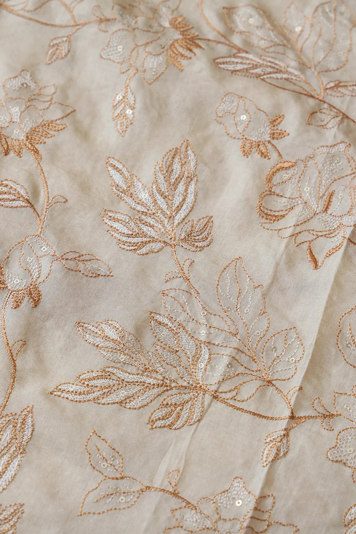 AIzaSyBcstauz-XMPRhEY21AUzeo032pxrXB5Ug - Beige Thread With Gold Sequins Leafy Embroidery On Cream Pure Bamboo Silk Fabric