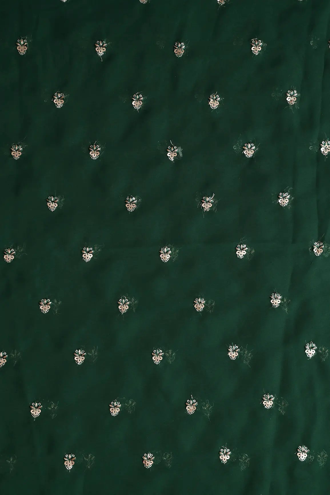 AIzaSyBcstauz-XMPRhEY21AUzeo032pxrXB5Ug - Gold Sequins With Zari Small Floral Booti Embroidery On Bottle Green Georgette Fabric