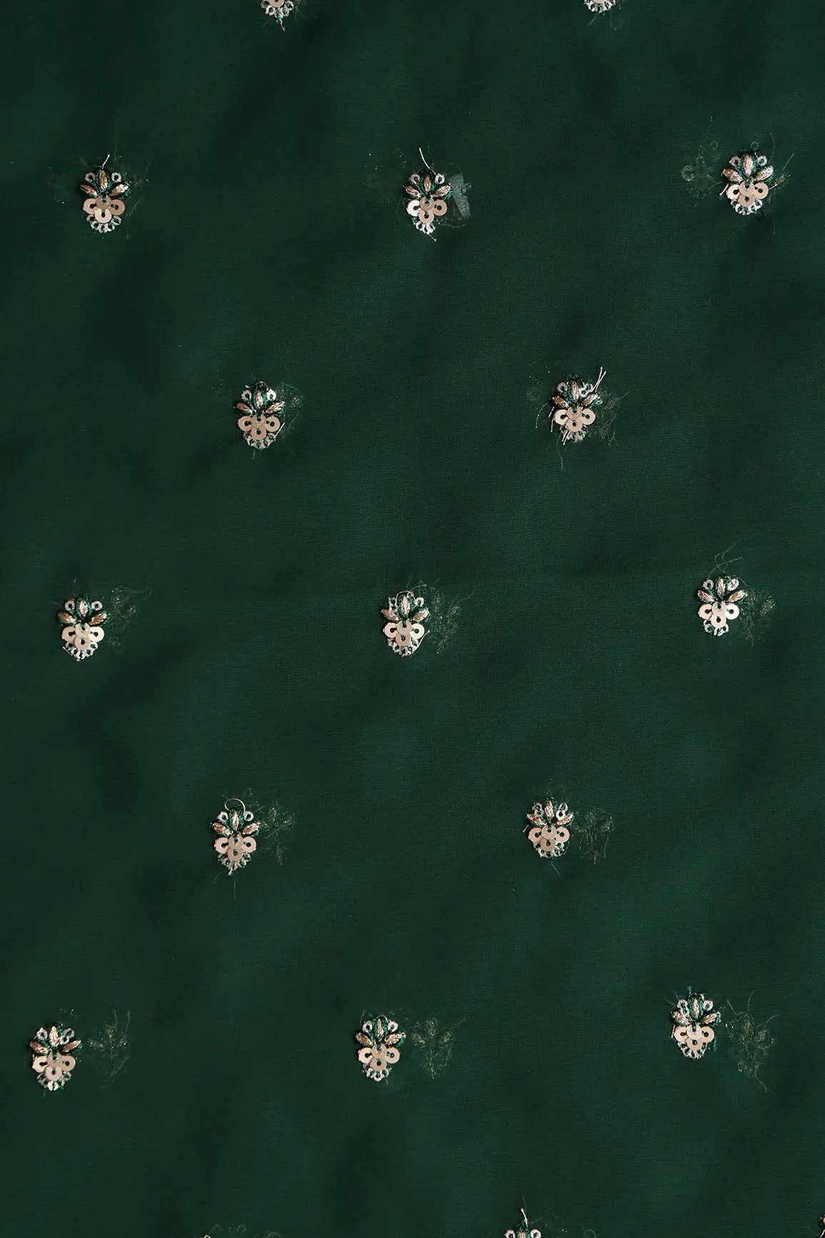 AIzaSyBcstauz-XMPRhEY21AUzeo032pxrXB5Ug - Gold Sequins With Zari Small Floral Booti Embroidery On Bottle Green Georgette Fabric