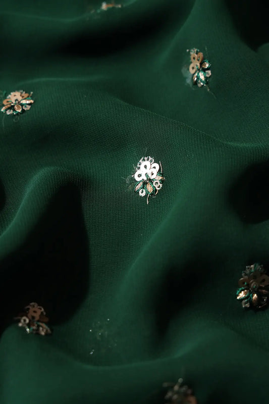 AIzaSyBcstauz-XMPRhEY21AUzeo032pxrXB5Ug - Gold Sequins With Zari Small Floral Booti Embroidery On Bottle Green Georgette Fabric