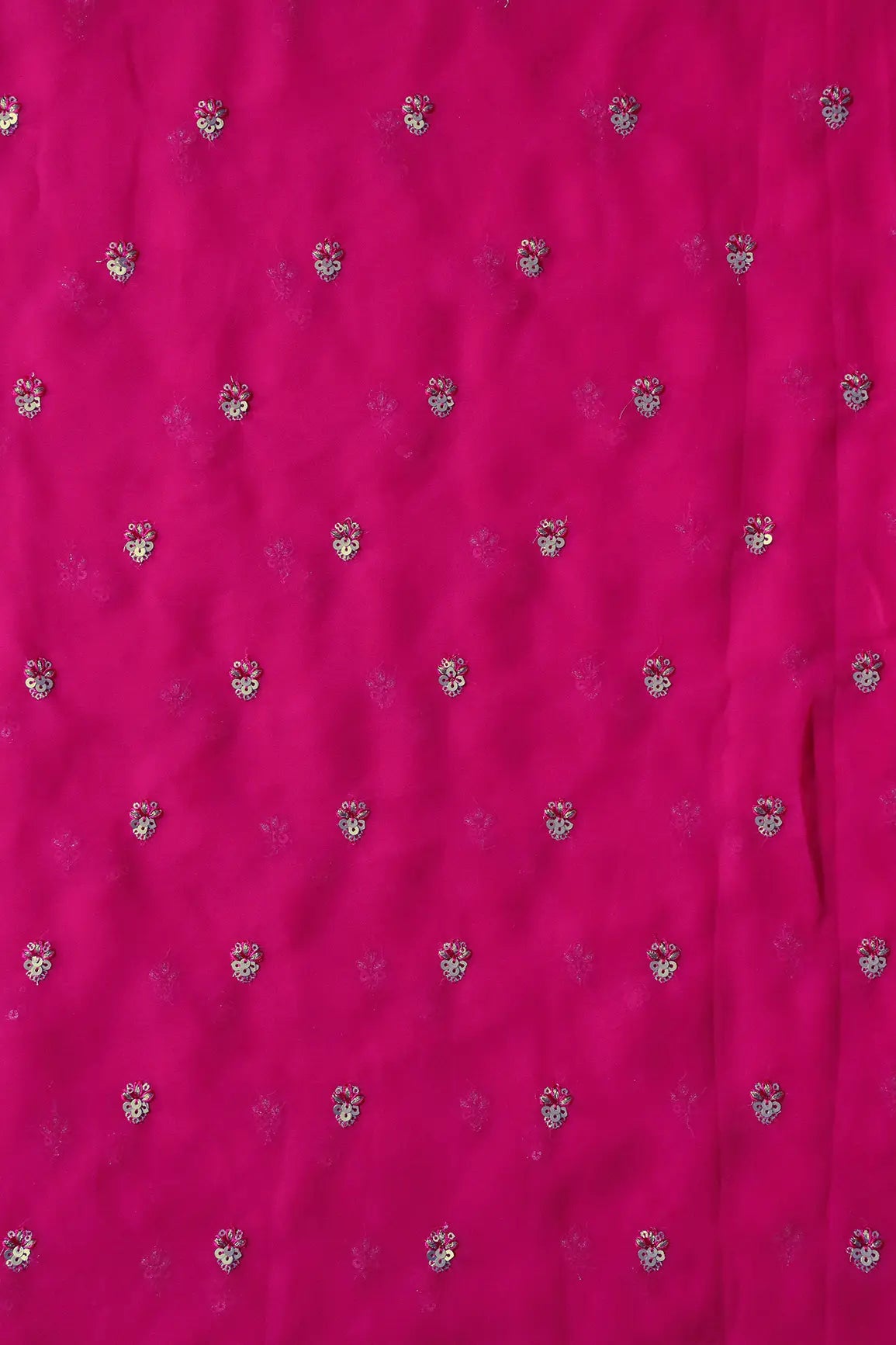 AIzaSyBcstauz-XMPRhEY21AUzeo032pxrXB5Ug - Gold Sequins With Zari Small Floral Booti Embroidery On Fuchsia Georgette Fabric