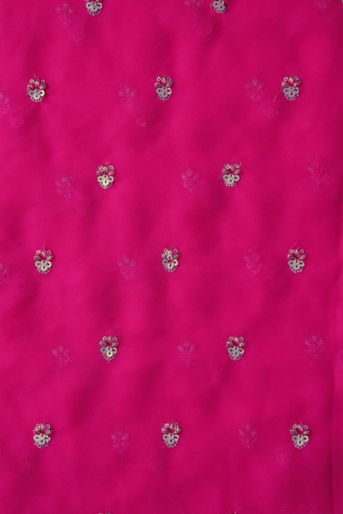 AIzaSyBcstauz-XMPRhEY21AUzeo032pxrXB5Ug - Gold Sequins With Zari Small Floral Booti Embroidery On Fuchsia Georgette Fabric