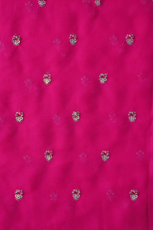 AIzaSyBcstauz-XMPRhEY21AUzeo032pxrXB5Ug - Gold Sequins With Zari Small Floral Booti Embroidery On Fuchsia Georgette Fabric