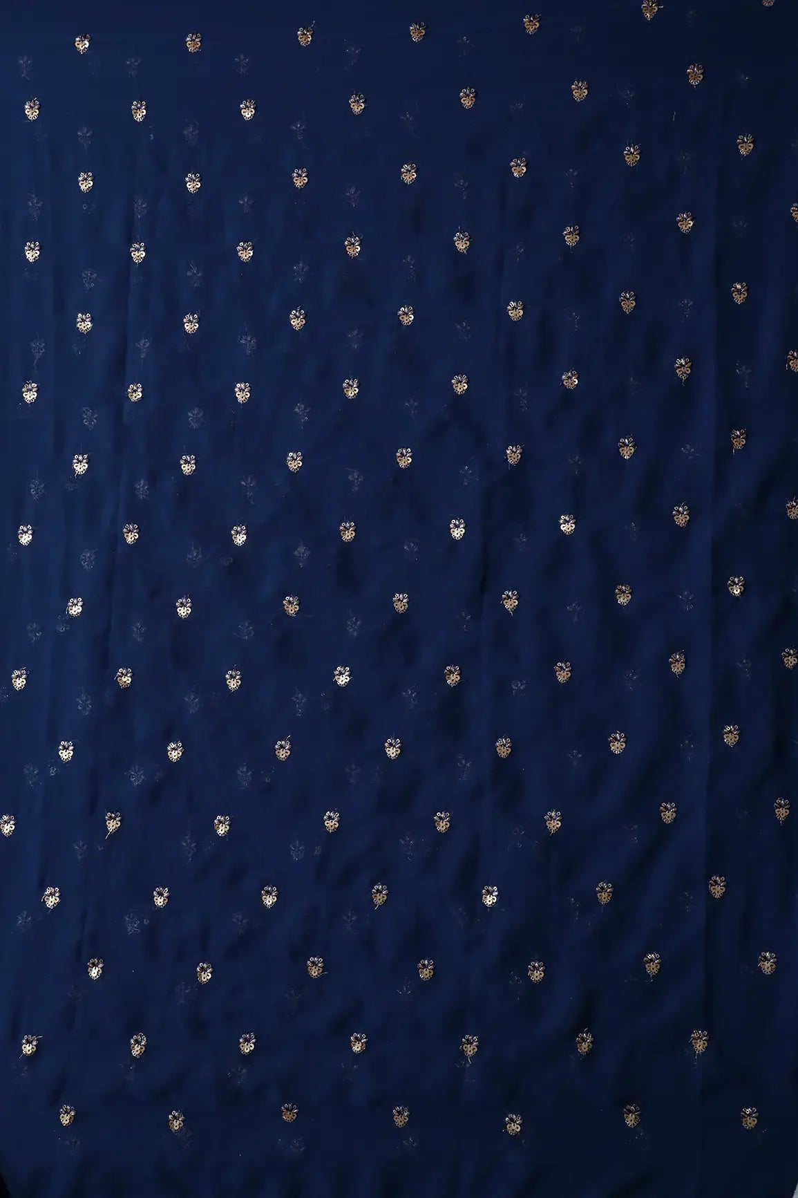 AIzaSyBcstauz-XMPRhEY21AUzeo032pxrXB5Ug - Gold Sequins With Zari Small Floral Booti Embroidery On Prussian Blue Georgette Fabric