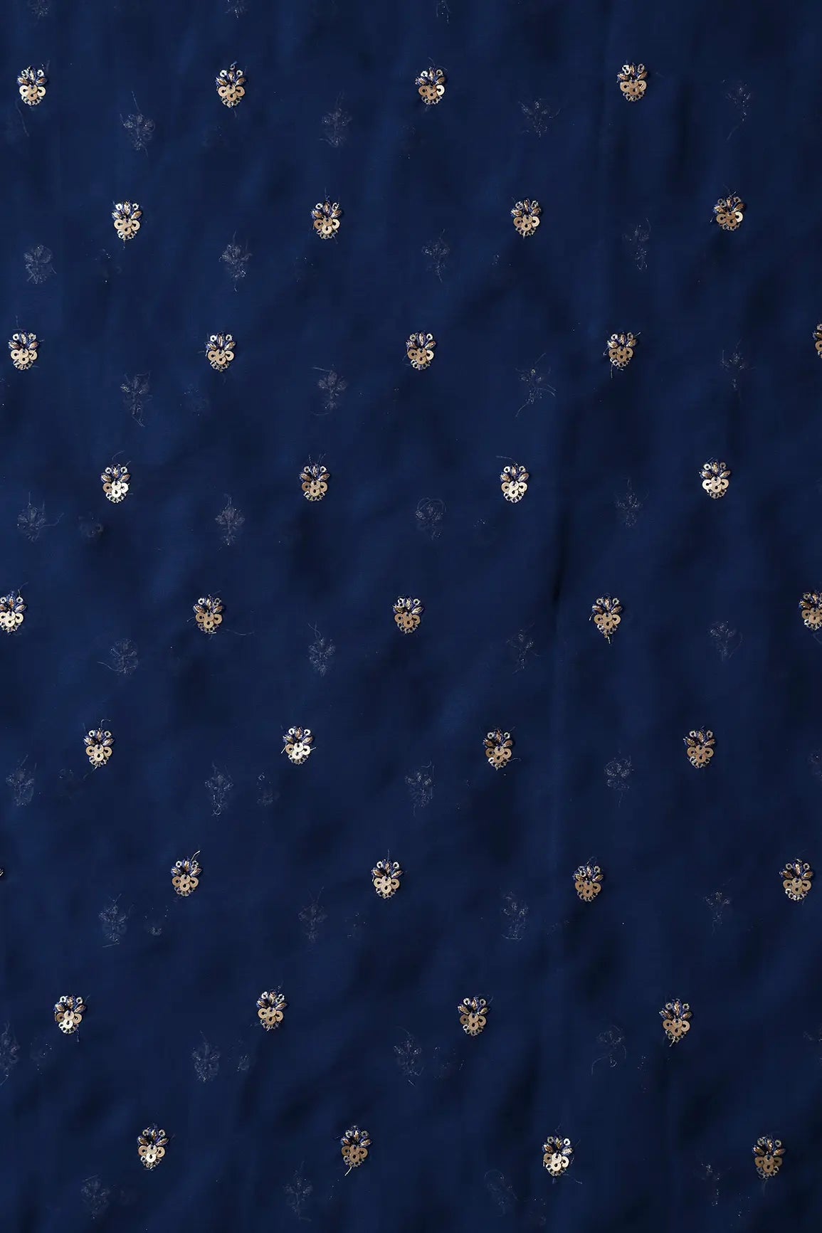 AIzaSyBcstauz-XMPRhEY21AUzeo032pxrXB5Ug - Gold Sequins With Zari Small Floral Booti Embroidery On Prussian Blue Georgette Fabric