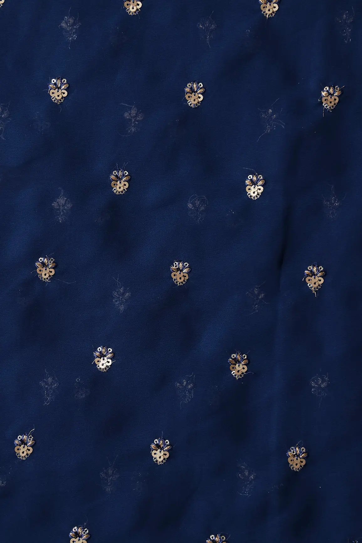 AIzaSyBcstauz-XMPRhEY21AUzeo032pxrXB5Ug - Gold Sequins With Zari Small Floral Booti Embroidery On Prussian Blue Georgette Fabric
