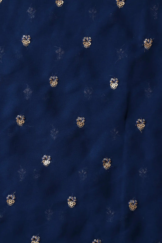 AIzaSyBcstauz-XMPRhEY21AUzeo032pxrXB5Ug - Gold Sequins With Zari Small Floral Booti Embroidery On Prussian Blue Georgette Fabric