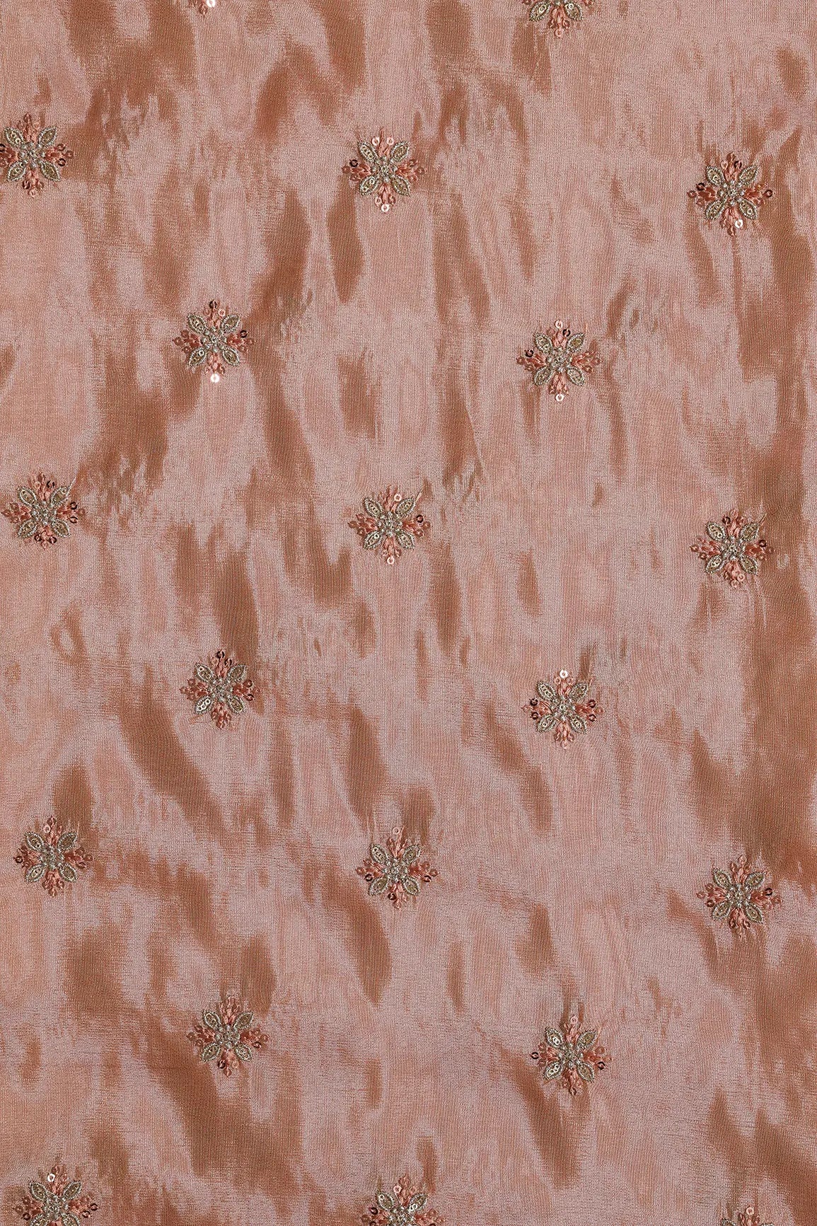 AIzaSyBcstauz-XMPRhEY21AUzeo032pxrXB5Ug - Gold Sequins And Zari Floral Booti Embroidery Work On Peach Pure Viscose Zari Tissue Fabric