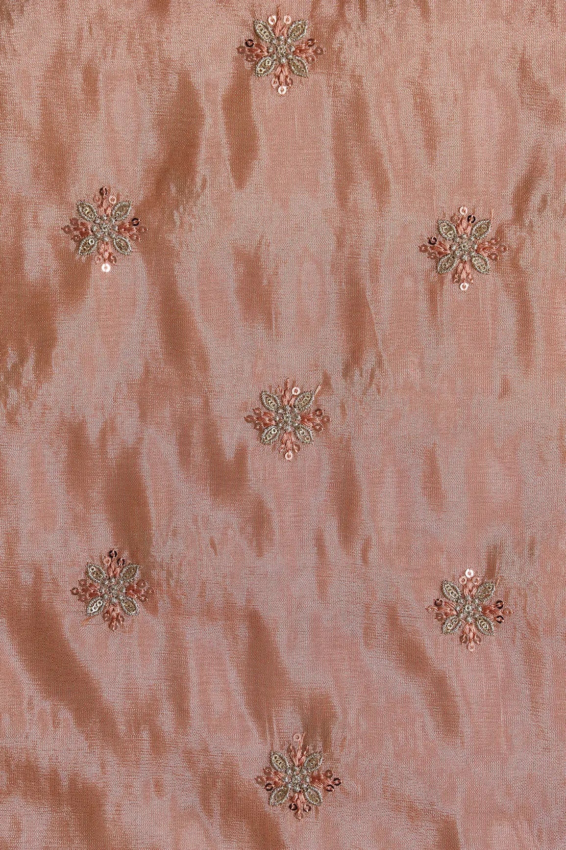 AIzaSyBcstauz-XMPRhEY21AUzeo032pxrXB5Ug - Gold Sequins And Zari Floral Booti Embroidery Work On Peach Pure Viscose Zari Tissue Fabric