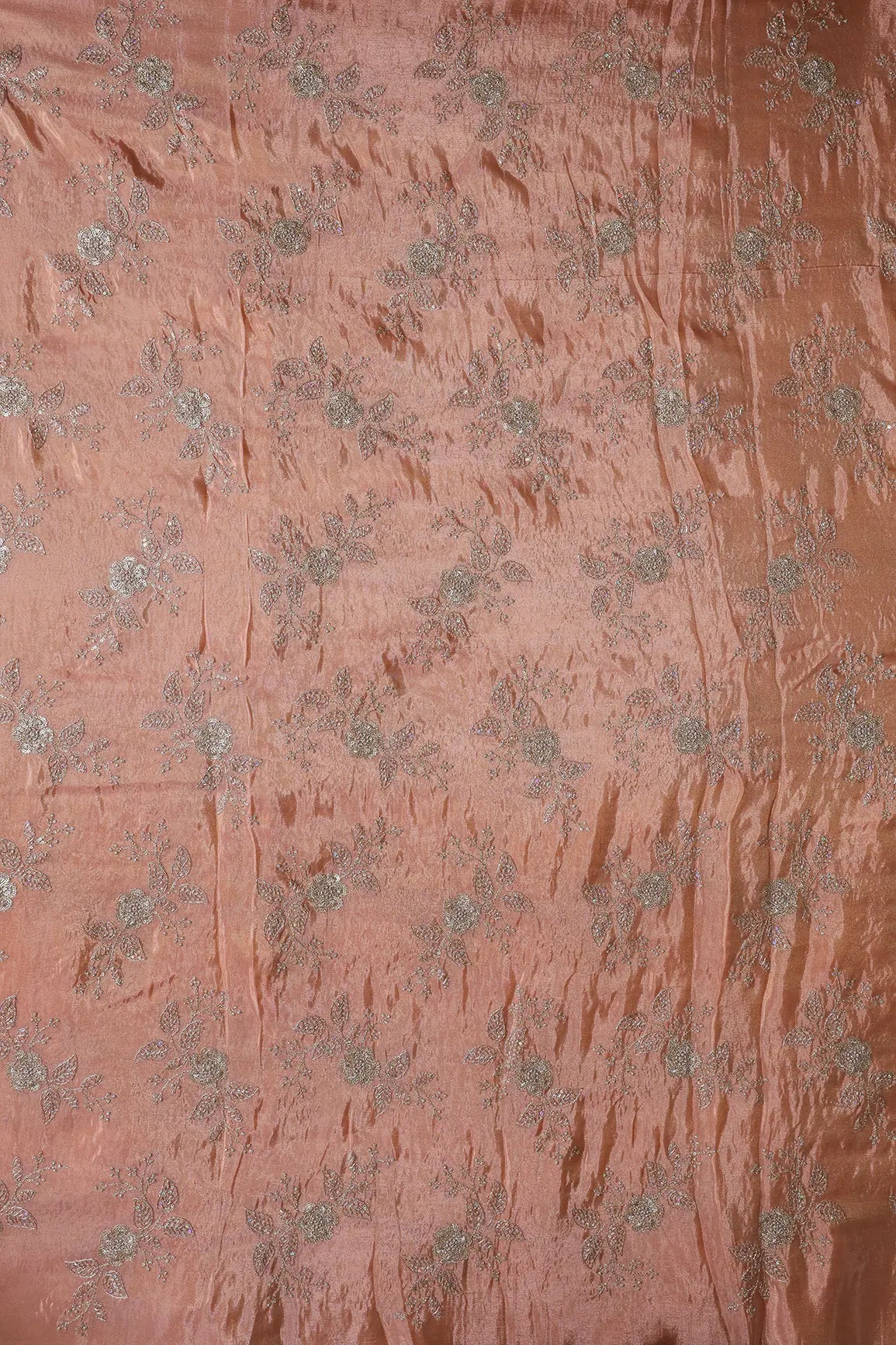 AIzaSyBcstauz-XMPRhEY21AUzeo032pxrXB5Ug - Gold Sequins And Zari Floral Embroidery Work On Peach Pure Viscose Zari Tissue Fabric