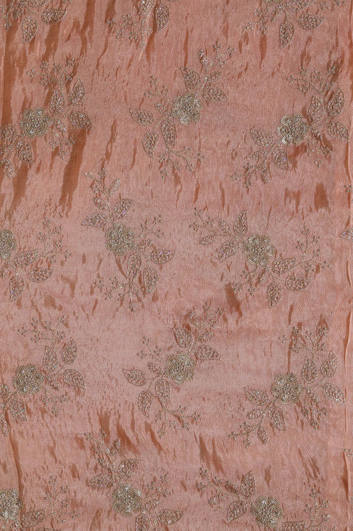 AIzaSyBcstauz-XMPRhEY21AUzeo032pxrXB5Ug - Gold Sequins And Zari Floral Embroidery Work On Peach Pure Viscose Zari Tissue Fabric