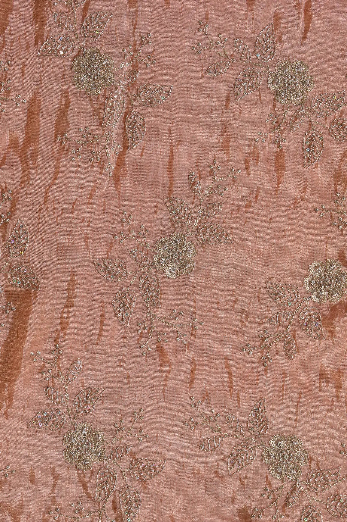 AIzaSyBcstauz-XMPRhEY21AUzeo032pxrXB5Ug - Gold Sequins And Zari Floral Embroidery Work On Peach Pure Viscose Zari Tissue Fabric