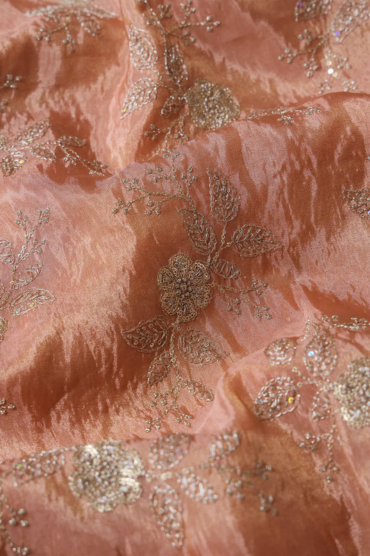 AIzaSyBcstauz-XMPRhEY21AUzeo032pxrXB5Ug - Gold Sequins And Zari Floral Embroidery Work On Peach Pure Viscose Zari Tissue Fabric