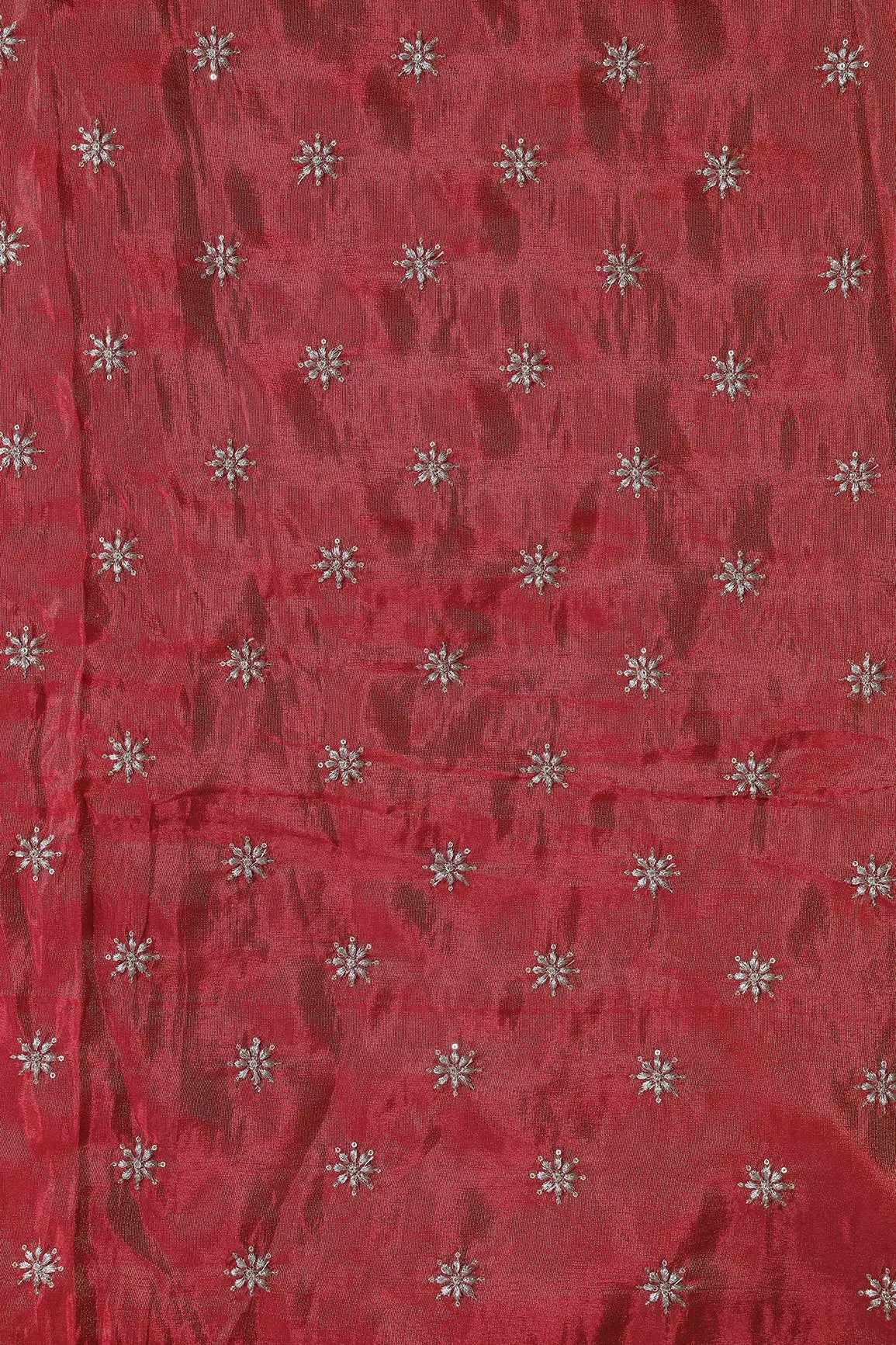 AIzaSyBcstauz-XMPRhEY21AUzeo032pxrXB5Ug - Gold Zari With Sequins Small Floral Booti Embroidery Work On Red Pure Viscose Zari Tissue Fabric