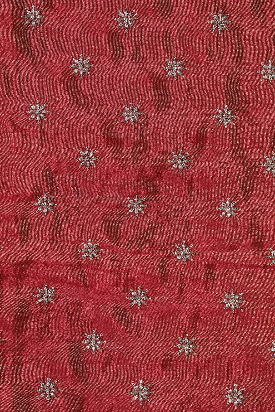 AIzaSyBcstauz-XMPRhEY21AUzeo032pxrXB5Ug - Gold Zari With Sequins Small Floral Booti Embroidery Work On Red Pure Viscose Zari Tissue Fabric