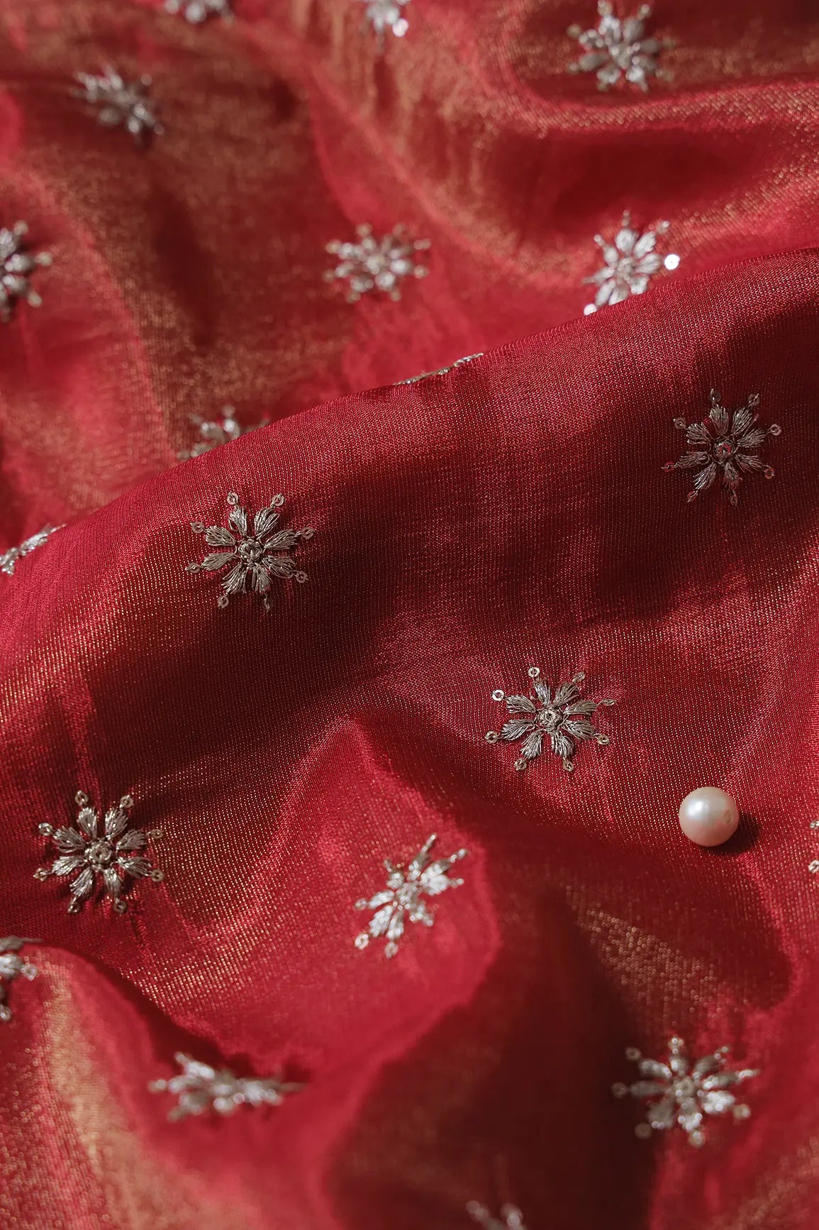 AIzaSyBcstauz-XMPRhEY21AUzeo032pxrXB5Ug - Gold Zari With Sequins Small Floral Booti Embroidery Work On Red Pure Viscose Zari Tissue Fabric