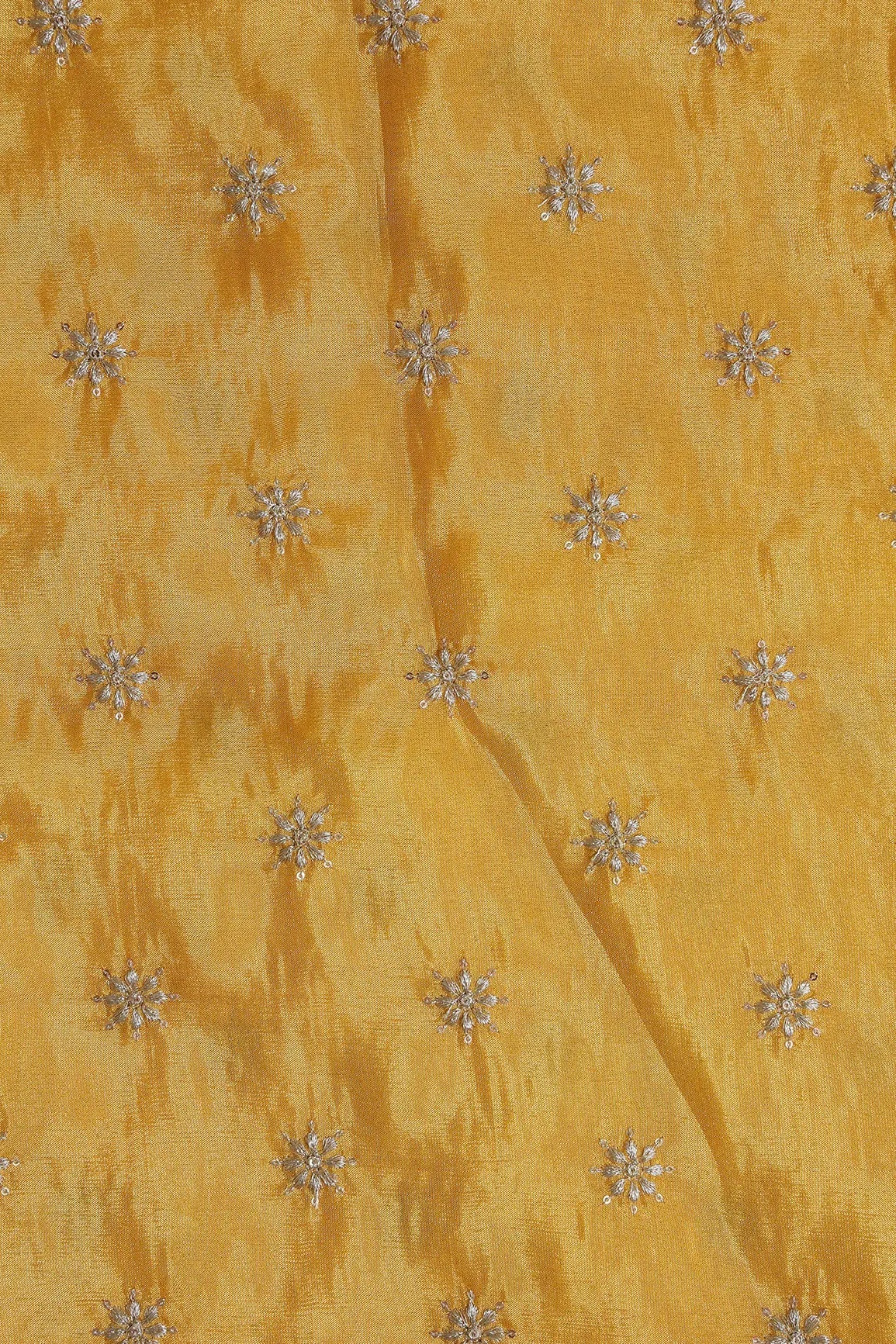 AIzaSyBcstauz-XMPRhEY21AUzeo032pxrXB5Ug - Gold Zari With Sequins Small Floral Booti Embroidery Work On Yellow Pure Viscose Zari Tissue Fabric