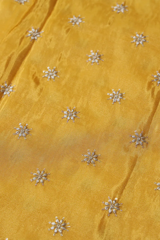 AIzaSyBcstauz-XMPRhEY21AUzeo032pxrXB5Ug - Gold Zari With Sequins Small Floral Booti Embroidery Work On Yellow Pure Viscose Zari Tissue Fabric