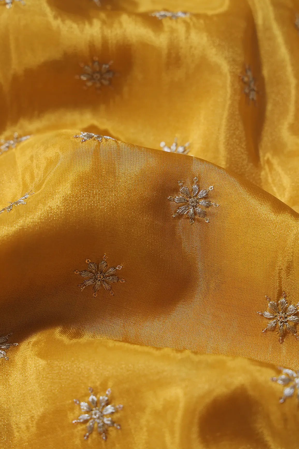 AIzaSyBcstauz-XMPRhEY21AUzeo032pxrXB5Ug - Gold Zari With Sequins Small Floral Booti Embroidery Work On Yellow Pure Viscose Zari Tissue Fabric