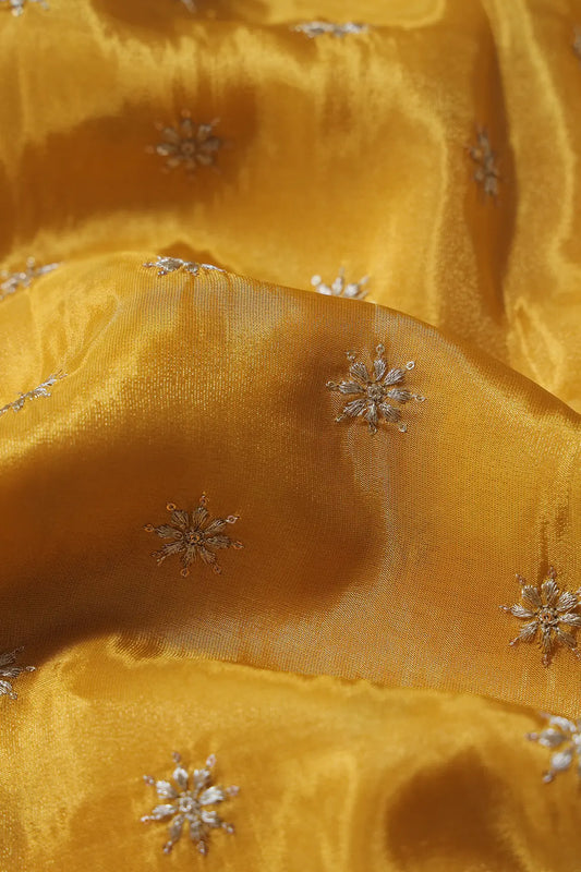 AIzaSyBcstauz-XMPRhEY21AUzeo032pxrXB5Ug - Gold Zari With Sequins Small Floral Booti Embroidery Work On Yellow Pure Viscose Zari Tissue Fabric