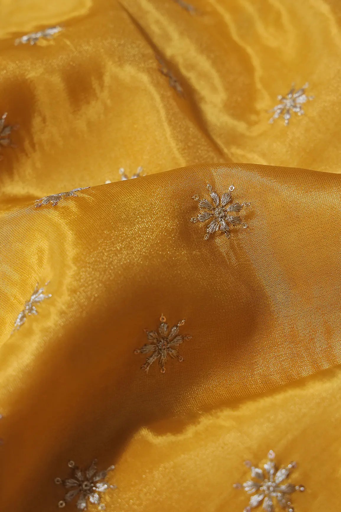 AIzaSyBcstauz-XMPRhEY21AUzeo032pxrXB5Ug - Gold Zari With Sequins Small Floral Booti Embroidery Work On Yellow Pure Viscose Zari Tissue Fabric