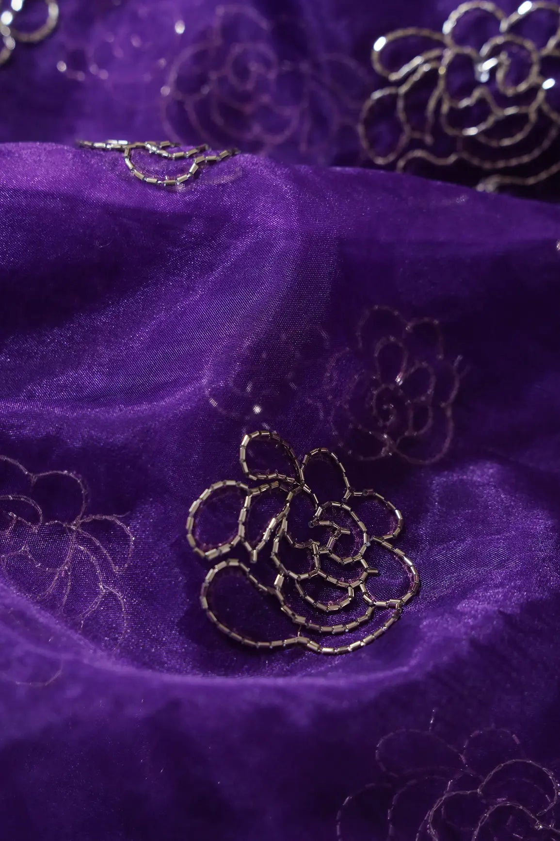 AIzaSyBcstauz-XMPRhEY21AUzeo032pxrXB5Ug - Cut Dana Beads Beautiful Floral Embroidery On Purple Organza Fabric